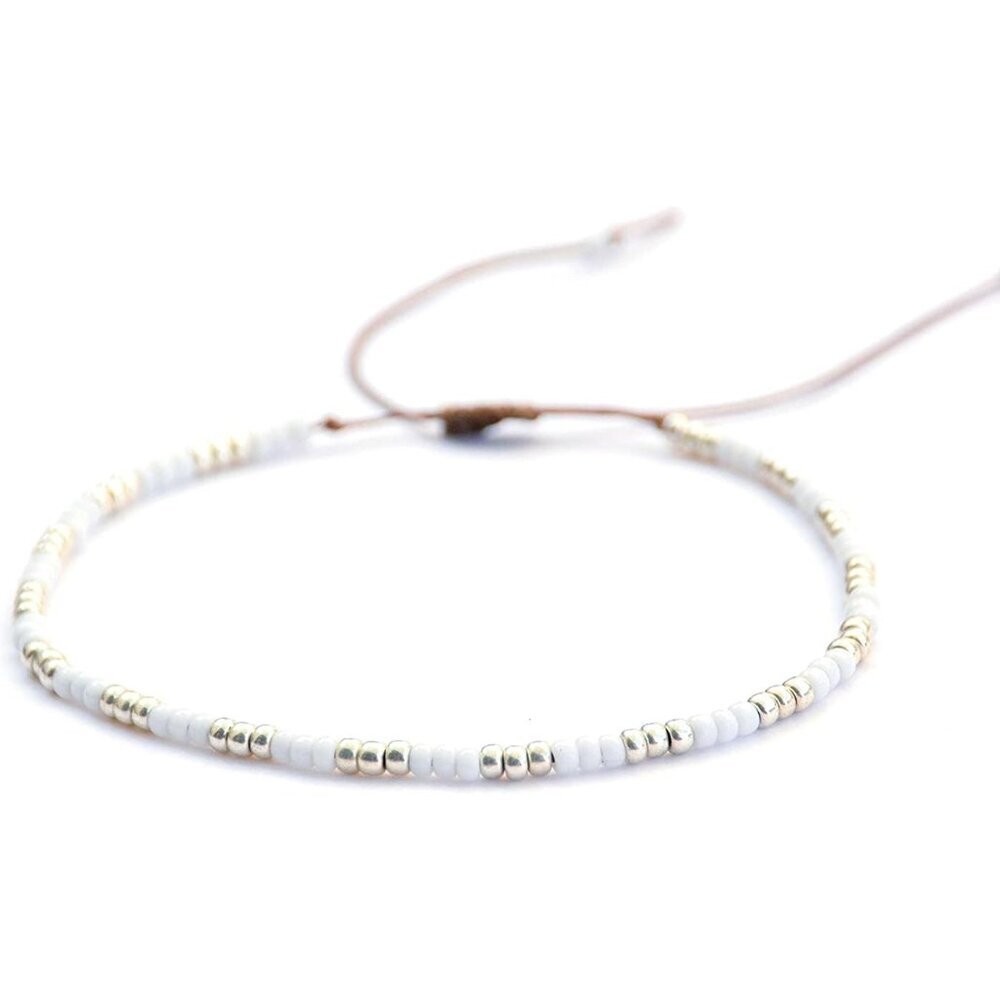 Beaded Anklet for Women, Boho Native American Style, Unique White & Silver Hippi